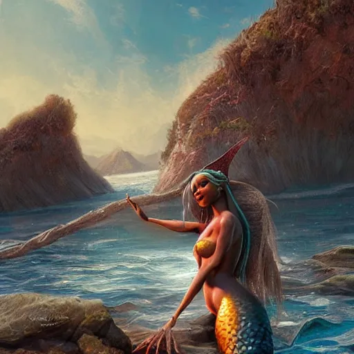 Image similar to jada fire as a beautiful mermaid emerging from the ocean, extremely high detail, photo realistic, cinematic, post processed, concept art, artstation, matte painting, style by Raphael Lacoste, Eddie Mendoza