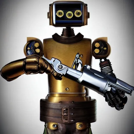 Image similar to a portrait of a robot holding a revolver, steampunk, holographic