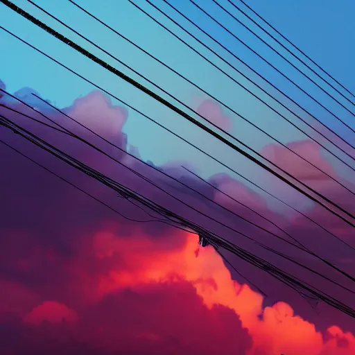 Image similar to low angle, pink golden clouds, blue sky, golden hour, telephone lines, thunder storm, detailed, photograph, award wining, trending on artstation, 4k, unreal engine 5, octane render, neon highlights