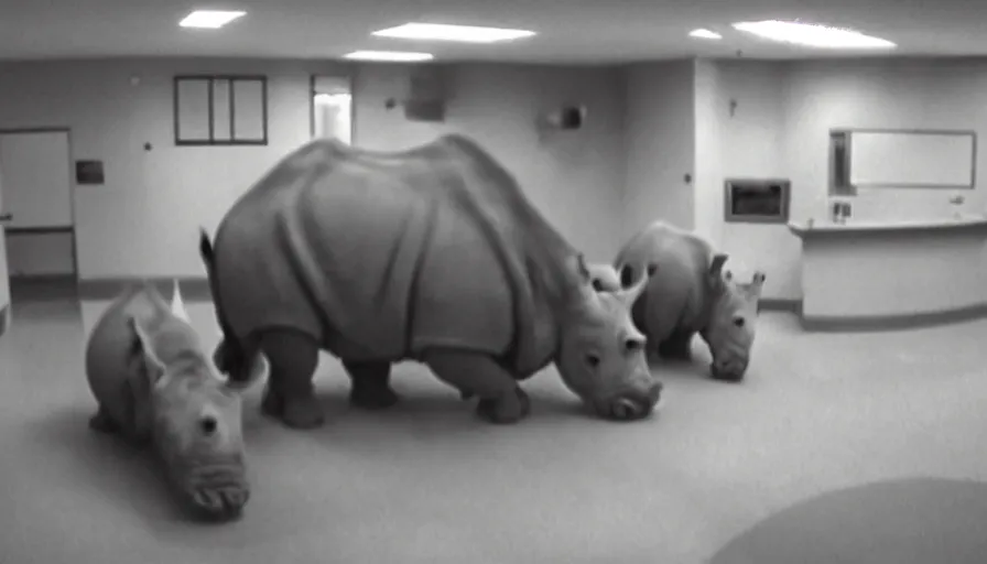 Image similar to a rhinoceros in a hospital, by mini dv camera, very very low quality, heavy grain, very blurry, accidental flash, webcam footage, found footage, security cam, caught on trail cam