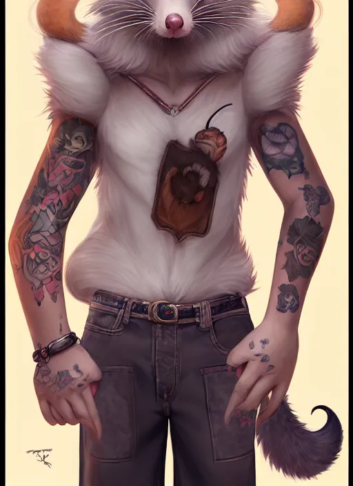 Image similar to character portrait of a male anthro opossum fursona with a tail and a cute beautiful attractive detailed furry face wearing a tanktop and slacks standing outside a city tattoo parlor with arm tattoos. Character design by charlie bowater, ross tran, artgerm, and makoto shinkai, detailed, inked, western comic book art