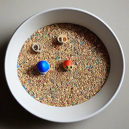 Prompt: a bowl of cereal containing a scale model of the universe