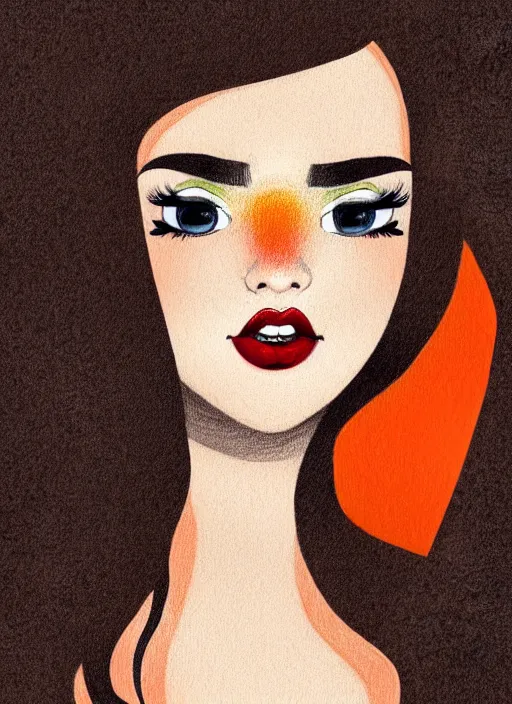 Prompt: colorful drawing of a young white woman with brown hair and scarlet lips, happy and cartoonish background, by tokenin, by glitchedpuppet, gradient orange, black, cream, brown and white color scheme, trending in artstation, award winning illustration