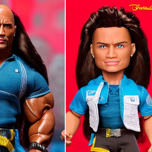 Image similar to Dwayne Johnson (The Rock) as a male barbie doll, Mattel, studio product photography, professional, detailed, f/8.0