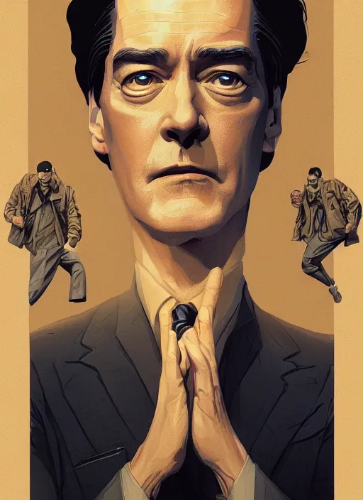 Image similar to Twin Peaks movie poster artwork by Michael Whelan and Tomer Hanuka, Karol Bak, Rendering of Kyle MacLachlan resists the body horror, from a scene from Twin Peaks, clean, full of detail, Matte painting, trending on artstation and unreal engine