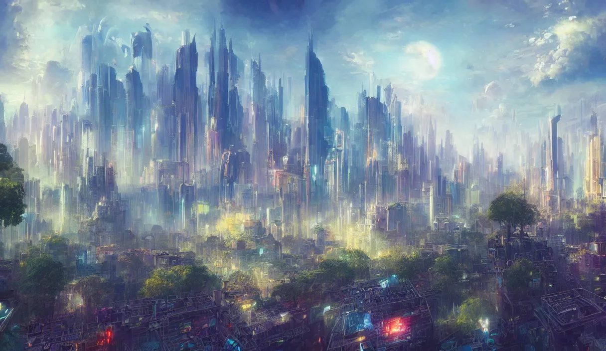 Prompt: digital illustration of a bright solarpunk utopian city skyline by greg rutkowski and jmw turner, colorful trees, light skyscrapers with beautiful plants and colorful flowers, puffy clouds and azure sky, 1 3 mm film, trending on artstation