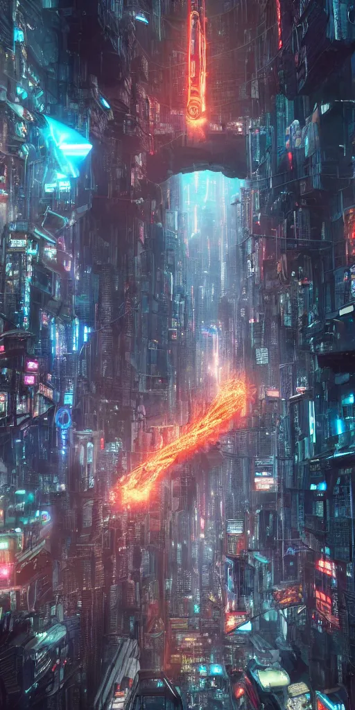 Prompt: a giant portal destroying a dystopian city, cyberpunk, sharp focus, dynamic lights, still, photograph, hyper realistic, masterpiece, octane render, rendered, 3 d, cinematic, cinematic lighting, dramatic lighting, highly detailed, intricate details, texture, cinematic composition, wide shot, by donglu yu and kevin jick and eddie del rio