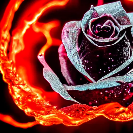 Image similar to award - winning macro of a beautiful black rose made of glowing molten magma