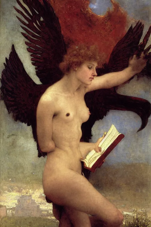 Prompt: a renaissance oil painting close shot portrait by alma tadema of a demon lucifer with large wings holding a book surrounded by lightning clouds descending upon foggy frost, colourful pastel, detailed academic bouguereau, high shadow, sharp focus