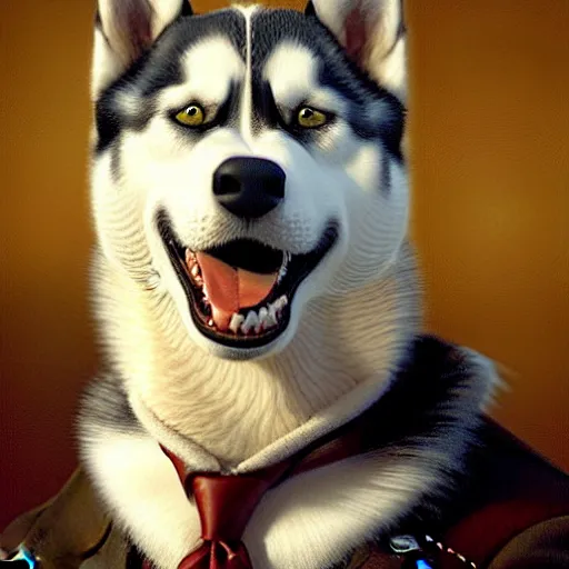 Image similar to a portrait of a husky dog wearing a suit and smiling at the viewer. highly detailed painting by gaston bussiere, craig mullins, j. c. leyendecker 8 k