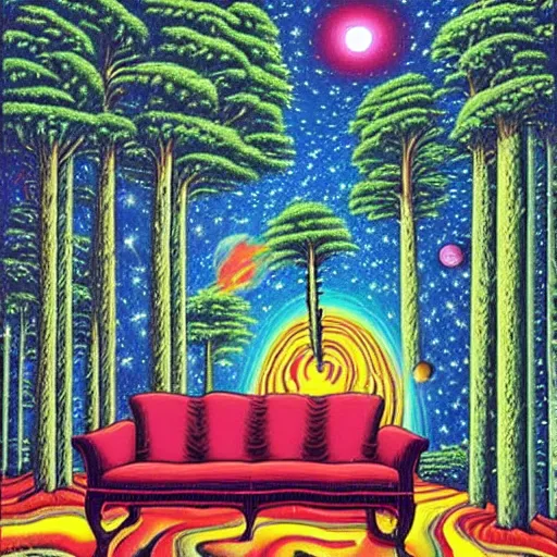 Image similar to psychedelic trippy couch pine forest, planets, milky way, sofa, cartoon by rob gonsalves