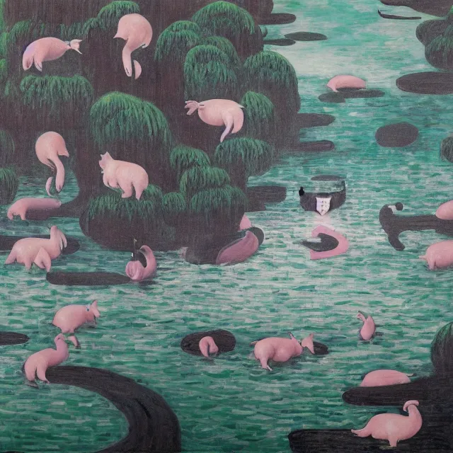 Image similar to painting of flood waters, zen, a tall catgirl art student, a river flooding inside, art supplies, pigs, ikebana, water, river, rapids, waterfall, black swans, canoe, pomegranate, berries dripping, acrylic on canvas, surrealist, by magritte and monet