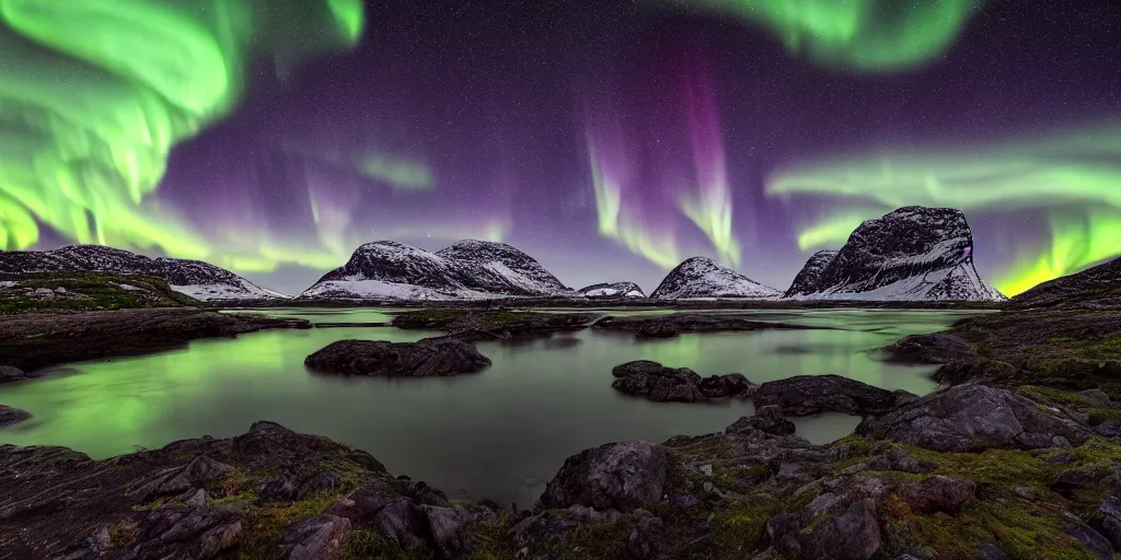 Prompt: a beautiful landscape photo in northern Norway by a famous landscape photographer, night sky with stars and green northern lights, long exposure, wide angle lens, rule of thirds