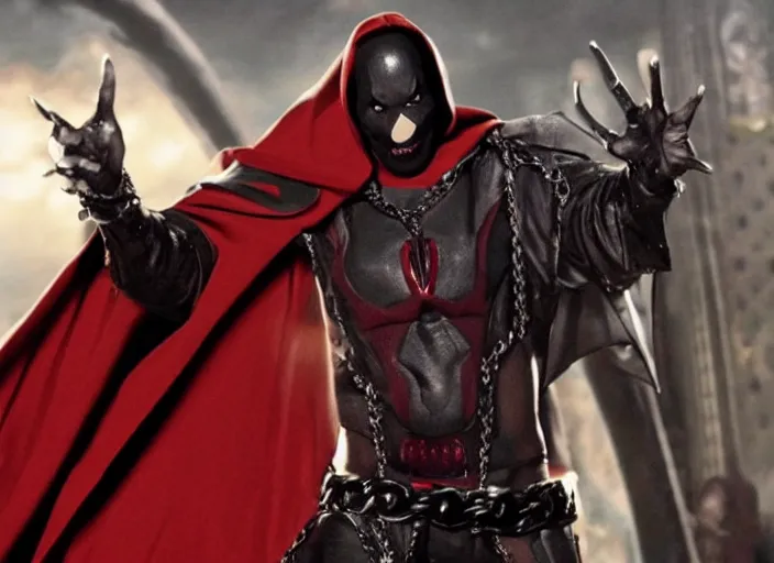 Image similar to film still of jamie foxx as spawn in the new spawn movie, giant chains, large cape, 8 k