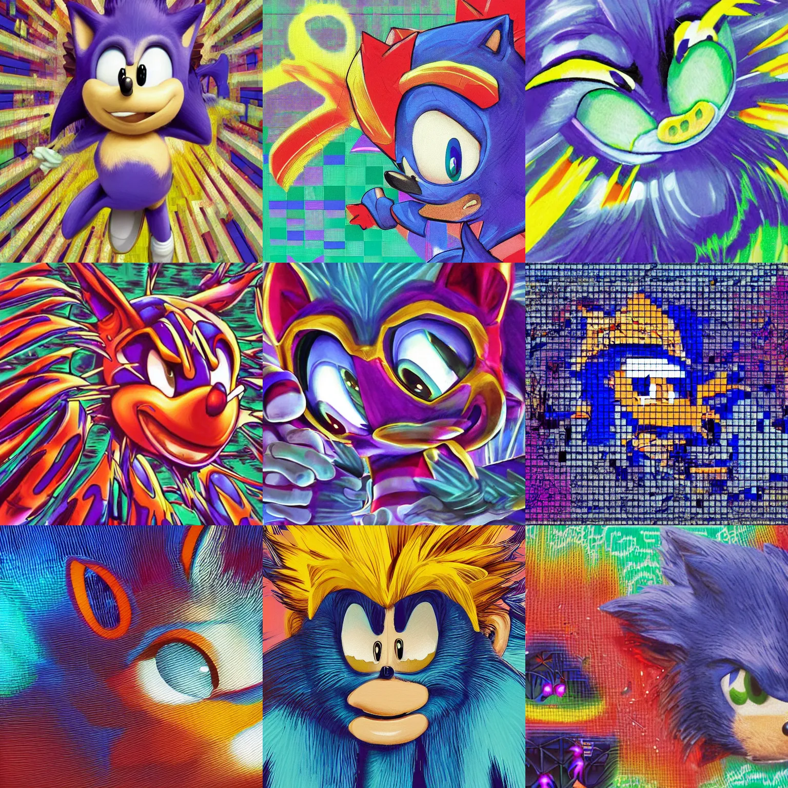 Prompt: close up portrait sonic the hedgehog in a surreal, sharp, detailed professional, high quality airbrush vaporwave art MGMT album cover of a liquid dissolving LSD DMT sonic the hedgehog speeding through pixel lands, purple checkerboard background, 1990s 1992 Sega Genesis video game album cover sonic