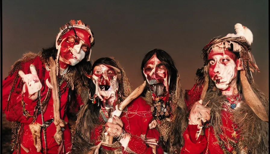 Image similar to high realistic photo portrait of esoteric tribes members with taxidermic flesh bloody jaw and elaborate red clothes in the desert, cinestill 800t 35mm, heavy grain, high quality,