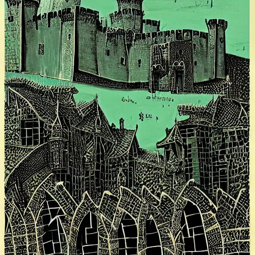 Image similar to A fascinating and detailed description of a medieval castle under siege, by Michael Deforge and Leon Kossoff, style of optical art, chartreuse, Lawrence of Arabia featured on ArtStation, trending on ArtStation, cgsociety, trending on 500px, deviantart