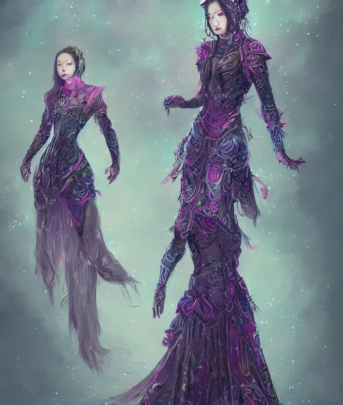 Image similar to concept art of asian female Void Walker, slavic style dress, corset, full body, Realistic, nebula background, intricate details, colourful, by Jason Chan