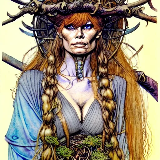 Image similar to a realistic and atmospheric watercolour fantasy character concept art portrait of brigitte bardot as a druidic warrior wizard looking at the camera with an intelligent gaze by rebecca guay, michael kaluta, charles vess and jean moebius giraud