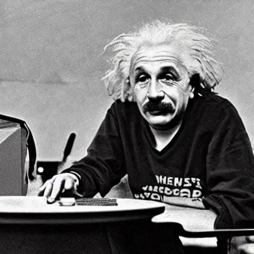 Image similar to vintage photo of einstein competing in a super smash bros tournament