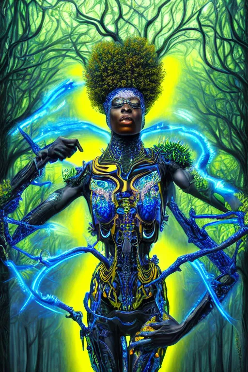 Image similar to hyperrealistic post-maximalist super expressive! black woman with exoskeleton armor, merging with tree in a forest, highly detailed digital art masterpiece smooth cam de leon hannah yata dramatic pearlescent blue yellow light ground angle hd 8k sharp focus