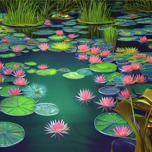 Prompt: a painting of crystal lotuses in an iridescent pond with bioluminescent algae and waterlilies by yusuke murata and makoto shinkai and moebius, cel shaded, unreal engine, highly detailed, iridescent, illustration, artstation, pixiv, reflective, volumetric lighting, soft glow, vibrant, sharp