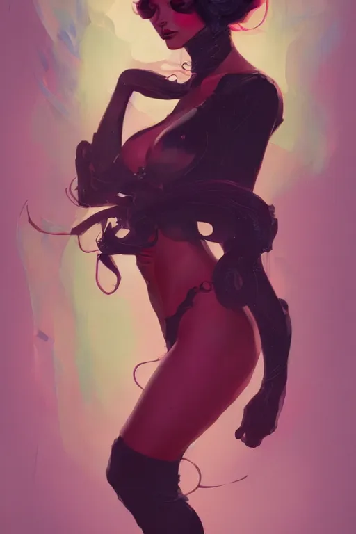 Prompt: noir femme fatale by sabbas apterus and james jean, saturated colors, concept art, beautiful circular composition, digital painting, trending on artstation, mucha