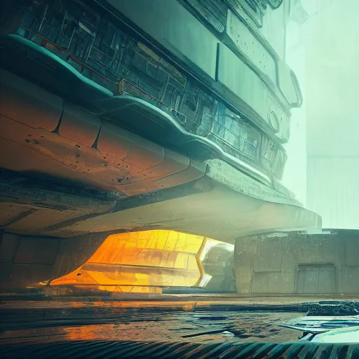 Image similar to futuristic spaceship in the middle of the abandoned concrete temple, ground-level view, puddles of water, stunning volumetric lighting, sunset, trending on Artstation, 8k, photorealistic, hyper detailed, unreal engine 5, cinematic, epic lighting, cryengine, octane render, cyberpunk, red and orange glow, dark, gloomy, foggy