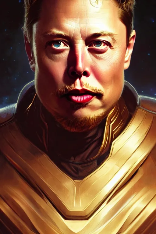 Image similar to elon musk as thor, realistic portrait, symmetrical, highly detailed, digital painting, artstation, concept art, smooth, sharp focus, illustration, cinematic lighting, art by artgerm and greg rutkowski and alphonse mucha