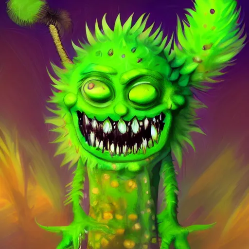 Image similar to Plant thistle monster with wicked smile and amber teeth, green body, digital art style, trending on art station