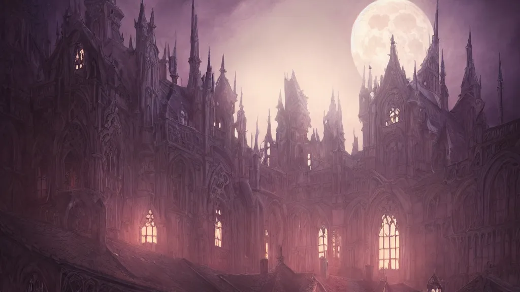 Image similar to foggy intricate gothic castle under the full moon, epic, intricate oil painting, high detail illustration, sharp high detail, manga and anime, official fanart behance hd artstation by jesper ejsing and makoto shinkai, 4 k,