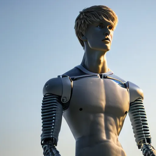 Image similar to a realistic detailed photo of a guy who is an attractive humanoid who is half robot and half humanoid, who is a male android, soccer player martin ødegaard, shiny skin, posing like a statue, blank stare, by the pool, on display, showing off his muscles, humanoid robot, frozen ice statue