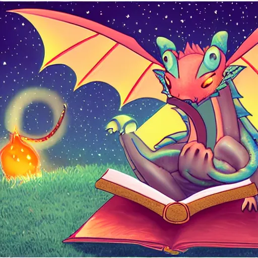 Image similar to cute dragon reading a book under the stars