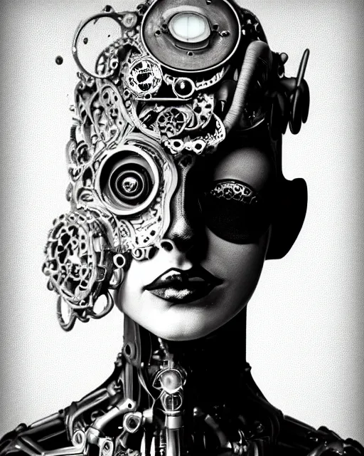Image similar to black and white dreamy foggy smoky profile face portrait, one silver steampunk eye biomechanical beautiful young female cyclope - cyborg - robot bust, body ribs meshes,, volumetric light, hibiscus flowers, by hg giger, rim light, by dora maar and cecile beaton, big gothic fashion pearl embroidered collar, 8 k