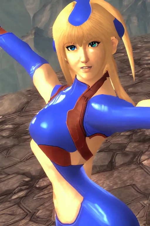 Image similar to in game footage of zero suit samus in skyrim, skyrim art style.