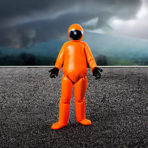 Prompt: a single striding slender action figure of a giant inflated hazmat suit wearing man with long bendy arms and legs, googly eyes, tareme eyes, small head, personification, dynamic pose, detailed product photo, tone mapped, beautiful composition, orange misty uplight, 8 5 mm, f 5. 8