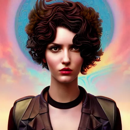 Image similar to Lofi vaporwave cyberpunk portrait beautiful woman with short brown curly hair, roman face, rainbow, Pixar style, Tristan Eaton, Stanley Artgerm, Tom Bagshaw