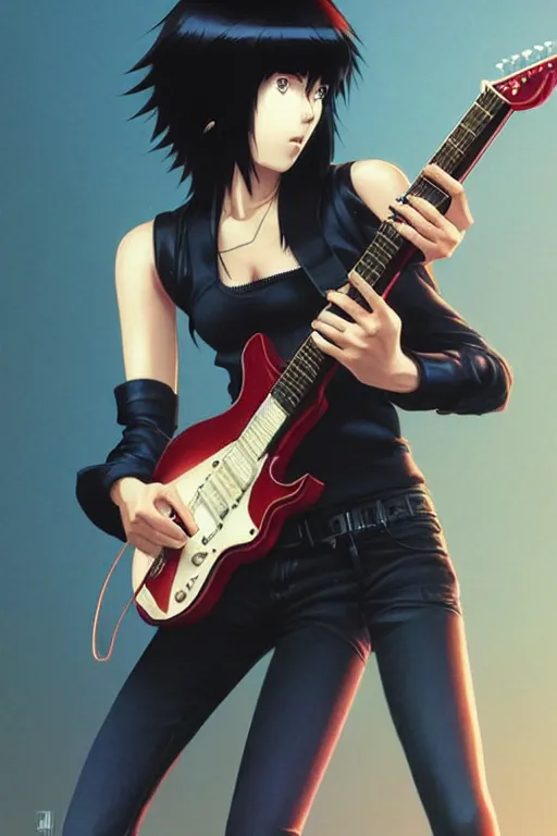 Prompt: wide view of a dark haired rock chick with guitar. Sharp fine face playing guitar, pretty face, realistic shaded Perfect face, fine details. Anime. by makoto sinkai, katsuhiro otomo ghost in the shell movie scene, magali villeneuve, artgerm, rutkowski