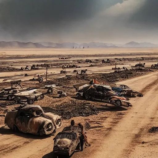Image similar to city, dried up river, fire, boats in mad max fury road style, riding on the dried up river