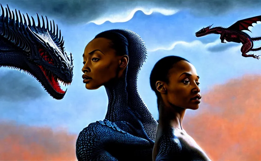 Prompt: realistic detailed photorealistic film portrait shot of a beautiful black woman with, sci-fi landscape with a drogon on background by Denis Villeneuve, Amano, Yves Tanguy, Alphonse Mucha, Ernst Haeckel, Andrei Tarkovsky, Edward Robert Hughes, Roger Dean, rich moody colours, wide angle, blue eyes