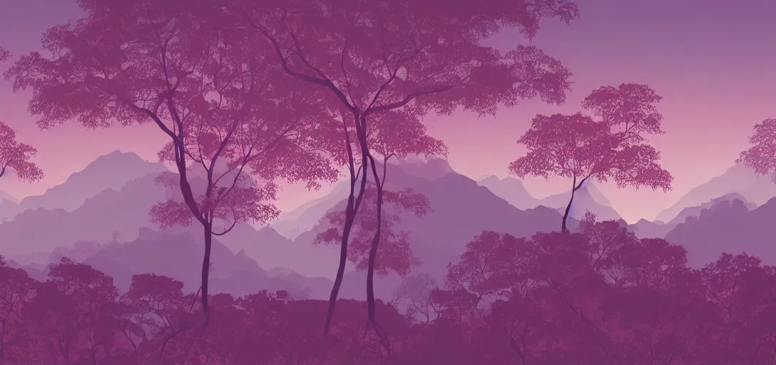 Image similar to a forested landscape, large hanging tree canopies, pink light on the horizon, mountains, vast foliage by eyvind earle, highly detailed, volumetric lighting