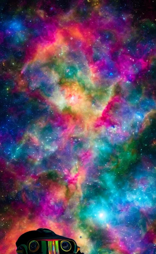 Prompt: a portrait of a hi-tech sci-fi robot with vividly colorful diodes and a human-shaped face smoking weed in deep space in front of the Carina Nebula, photography, color, very detailed, realistic