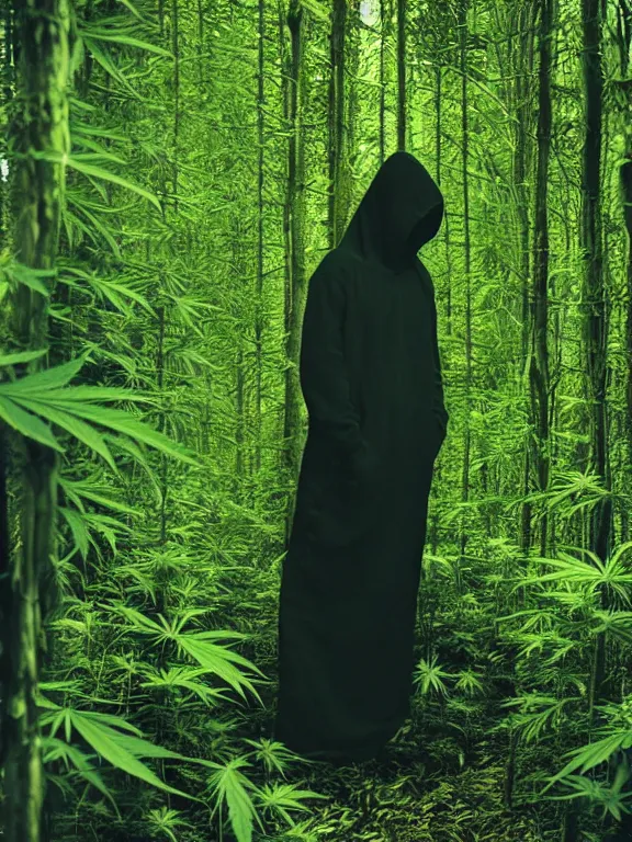 Image similar to hooded figure in cannabis forest, film photo, grainy, high detail, high resolution,