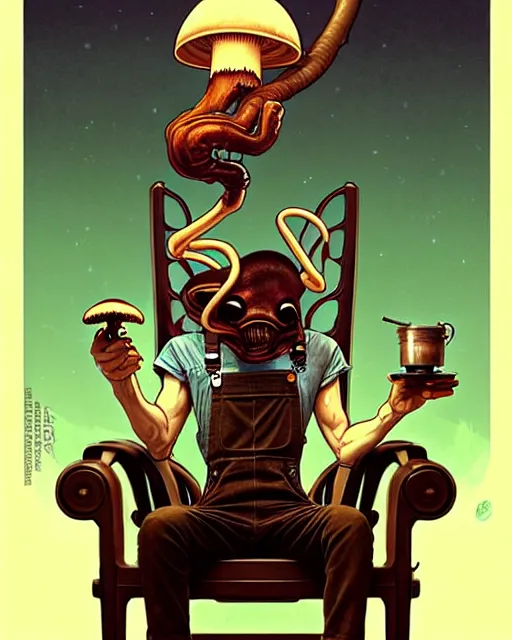 Image similar to male mushroom alien sitting in a rocking chair, wearing overalls, smoking a pipe, full body, art by artgerm and greg rutkowski and alphonse mucha