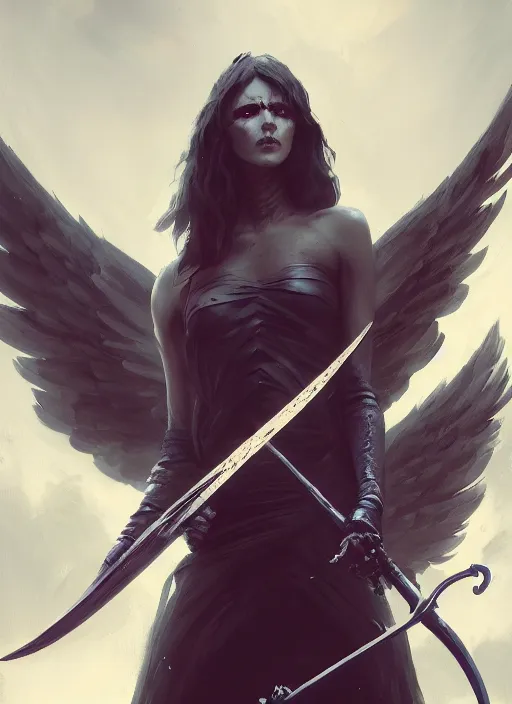 Image similar to a portrait of a beautiful angel of death with black wings holding a large scythe by marco bucci and greg rutkowski, sharp focus, very detailed, cinematic, closeup, trending on artstation, 4 k