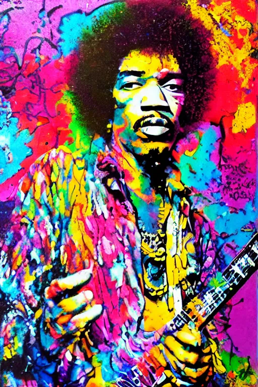 Image similar to Jimi Hendrix acrylic paint pour, watercolor, marbling, graffiti, very detailed, large white border, 144x144 canvas, hd, high resolution print :1 CMYK :1