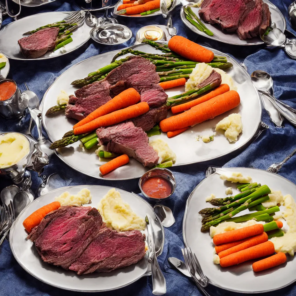 Prompt: product shot of a dinner with prime rib, asparagus, mashed potatoes and gravy, and steamed carrots with blue table cloth and lit candles in ornate silver candlesticks, ultra - realistic, photo realism, professional photograph, extreme detail, deep focus, laser sharp, volumetric lighting, atmospheric, five - star, luxury, elite