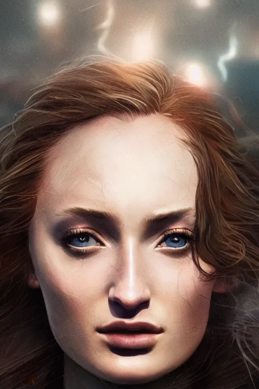 Image similar to a fancy close up of Man of Steel cast as Sophie Turner by Greg Rutkowski, Sung Choi, Mitchell Mohrhauser, Maciej Kuciara, Johnson Ting, Maxim Verehin, Peter Konig, 8k photorealistic, cinematic lighting, HD, high details, dramatic, trending on artstation, full body shot