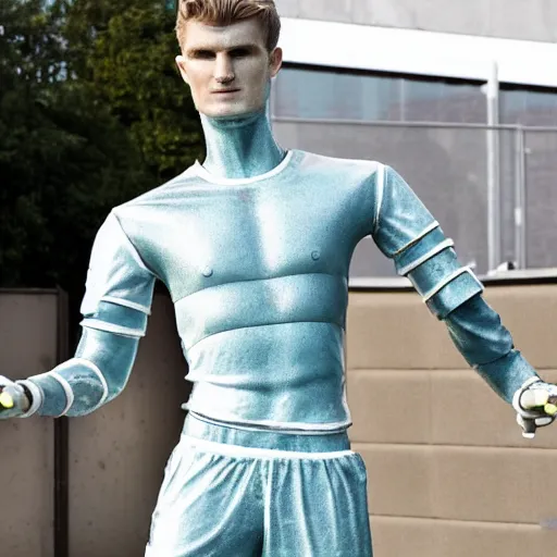 Image similar to a realistic detailed photo of a guy who is an attractive humanoid who is half robot and half humanoid, who is a male android, soccer player timo werner, shiny skin, posing like a statue, blank stare, by the pool, on display, showing off his muscles, humanoid robot, frozen ice statue, made of ice