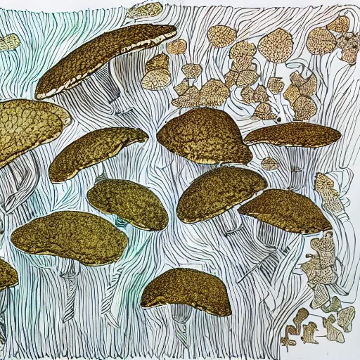 Image similar to cluster of chanterelle mushrooms, pen and ink drawing, drawn by hand, cozy, natural colors, textured paper